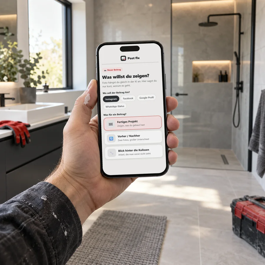 Handwerker postet mit der App Post fix ein Foto seiner fertigen Arbeit