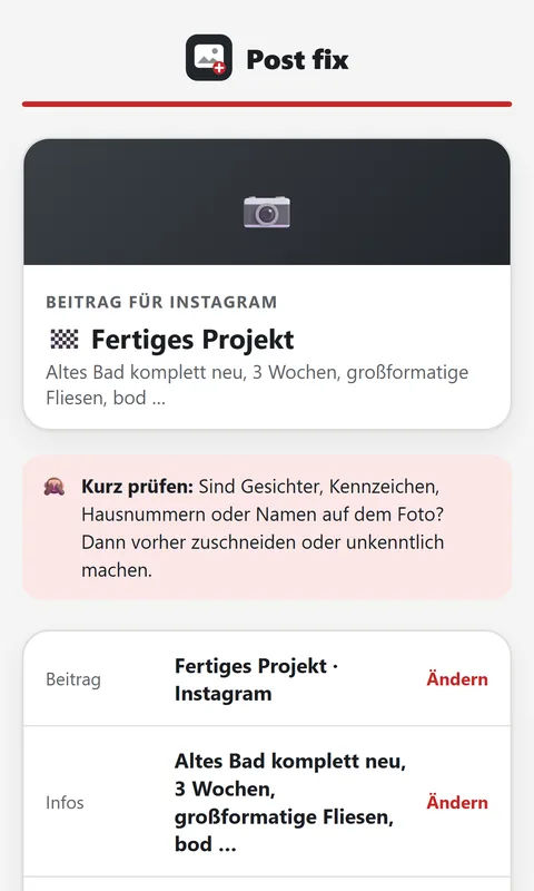 App Post fix: Zusammenfassung mit Foto-Check und Button